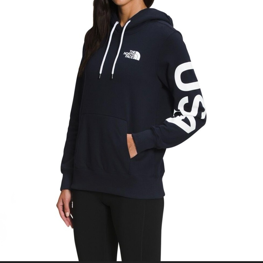 The North Face Navy Pullover Hoodie with White USA Sleeve Print-size XS